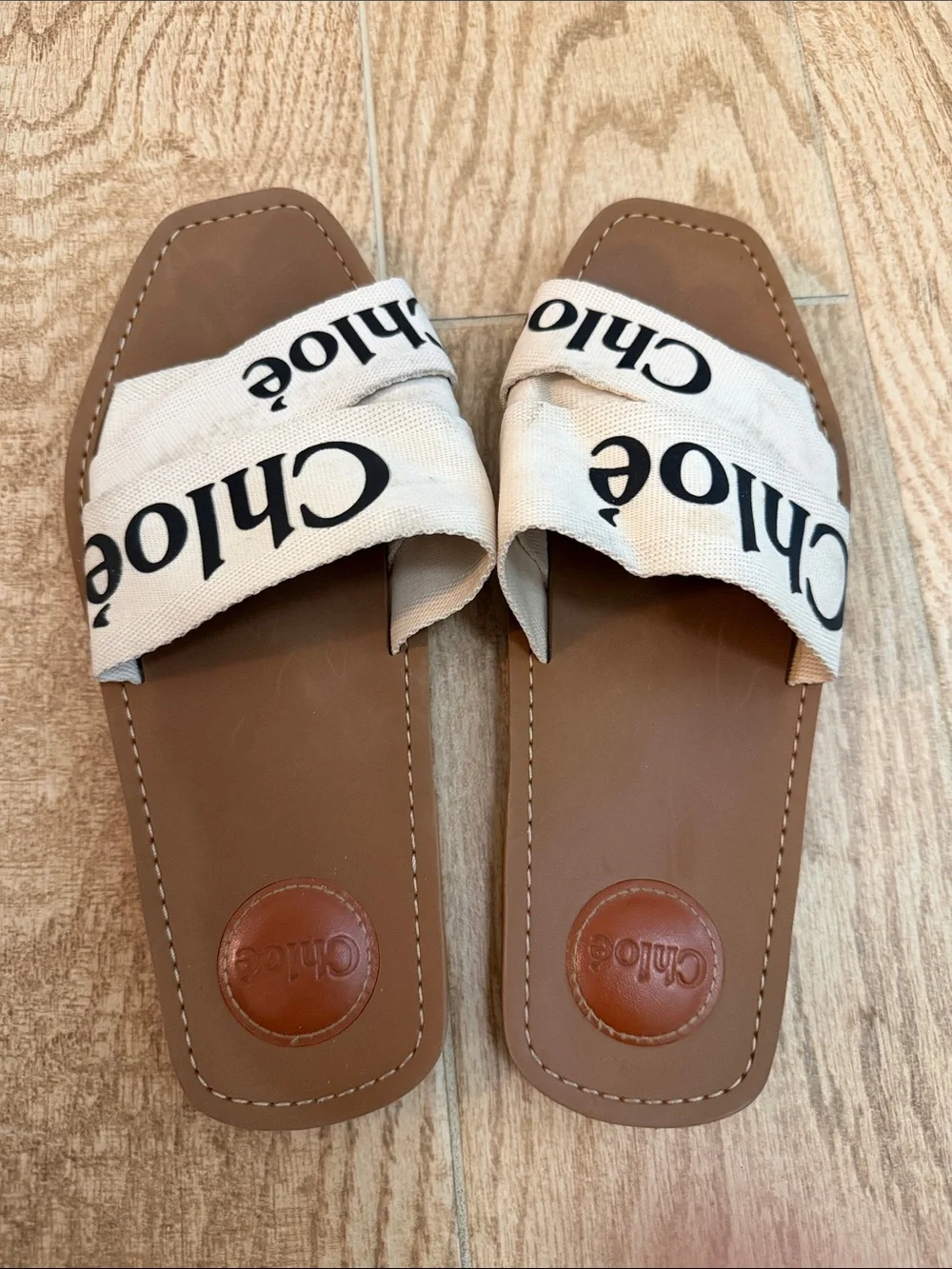 Chloé Logo Canvas Slide Sandals — Cream & Tan